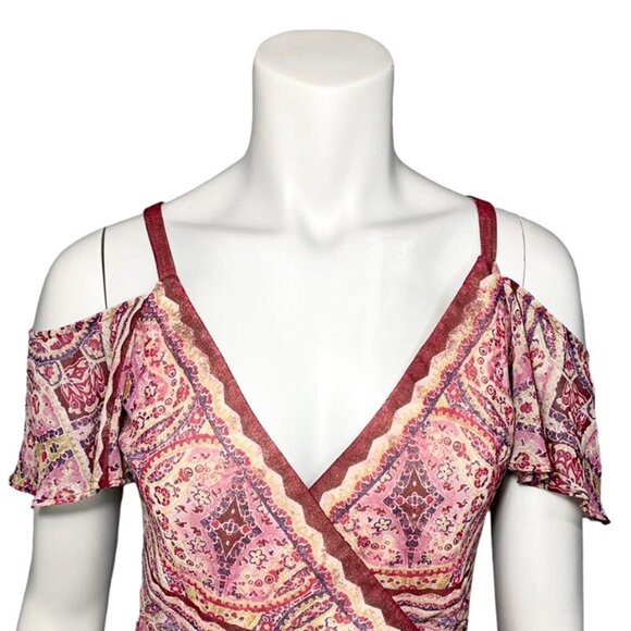 BCBG Max Azria Tibetan Red Paisley Print Cold Shoulder Wrap Festival Dress - Picture 6 of 11